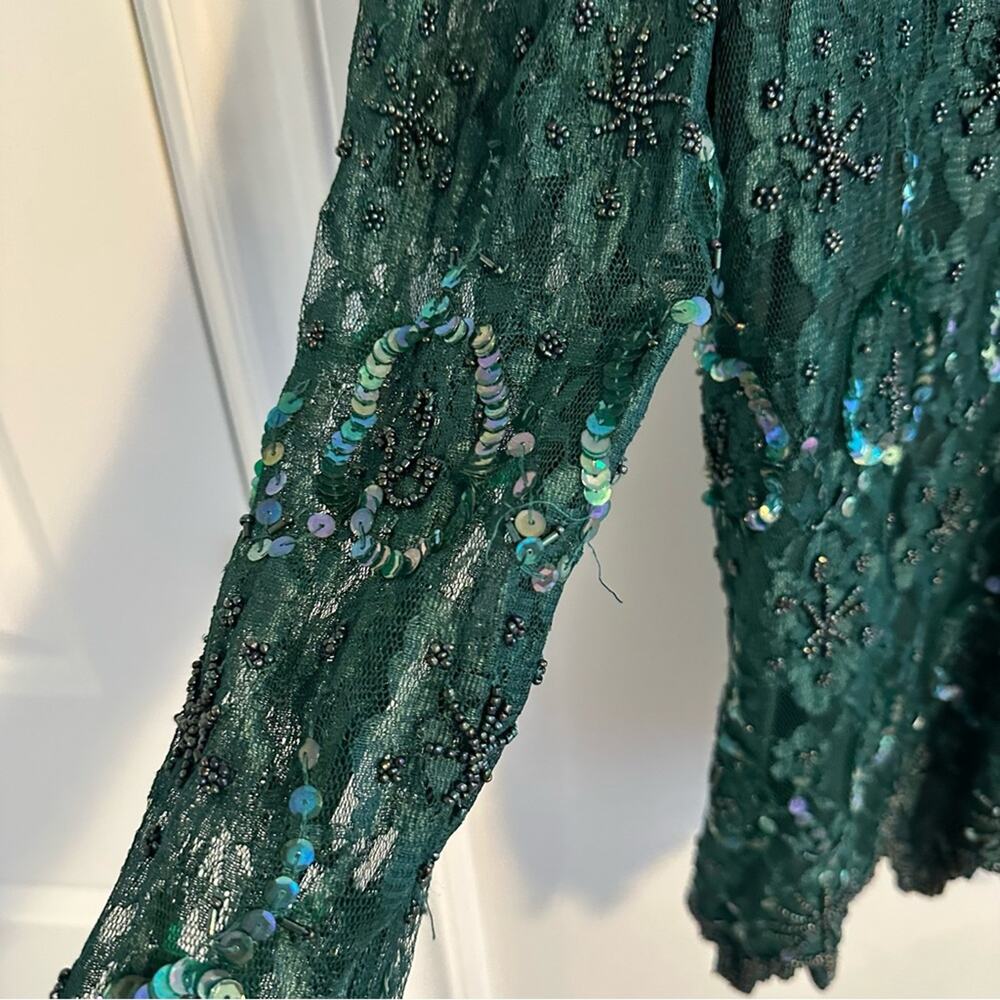 Vintage Laurence Kazar Green Beaded Sequin Shirt and Skirt Set PL - Picture 10 of 16